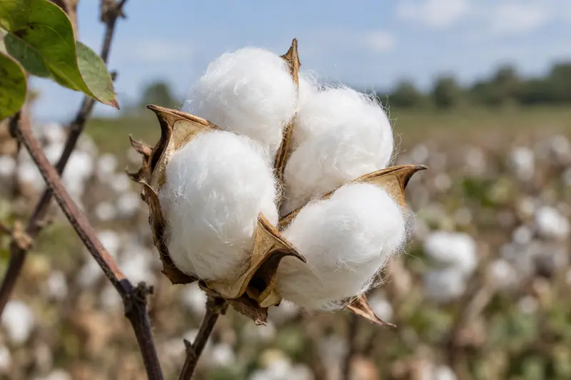 AI illustration: Open cotton boll and natural fibres.