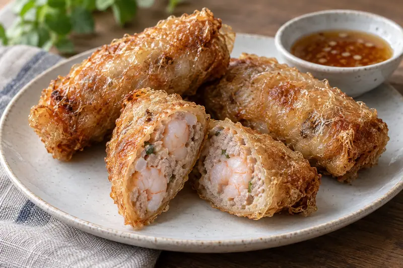 AI illustration: Crisp fried shrimp rolls with a moist shrimp-and-pork filling.