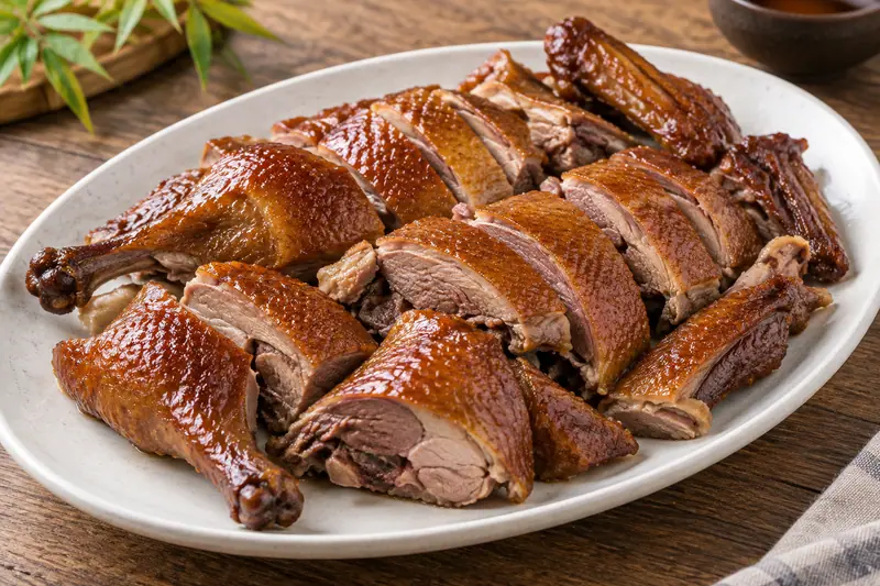 AI illustration: Chopped smoked duck with browned skin and cooked meat.