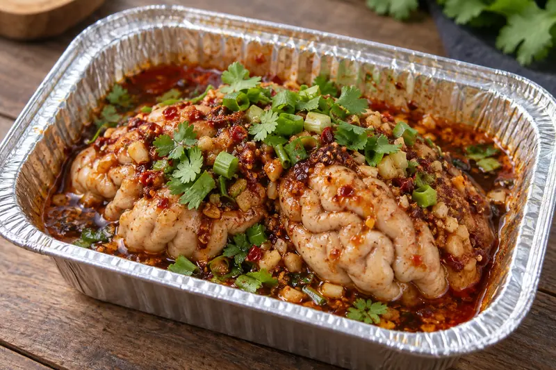AI illustration: Cooked pork brain in a small tray with chili sauce and herbs.