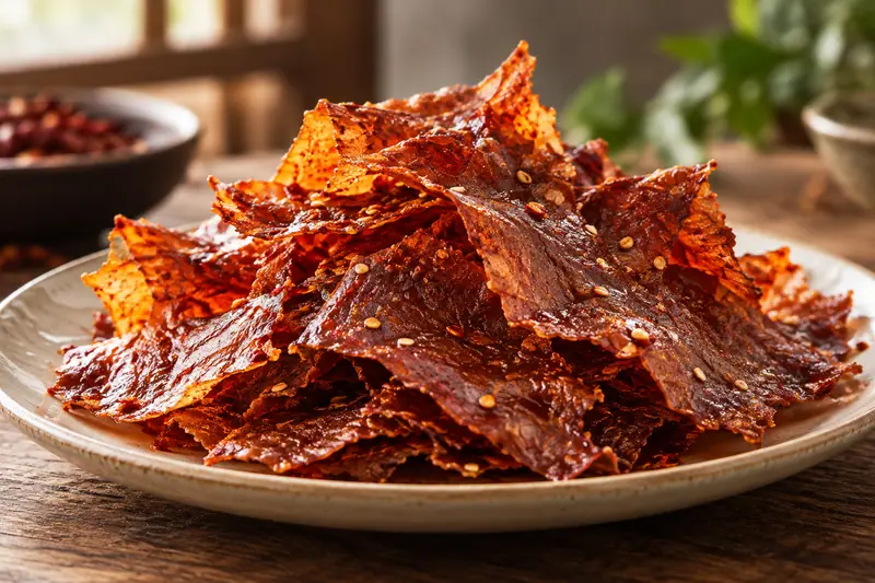 AI illustration: Paper-thin seasoned beef sheets with delicate curled edges.