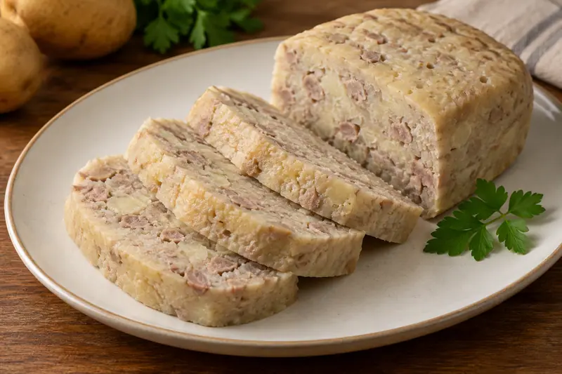 AI illustration: Sliced steamed pork and potato cake.