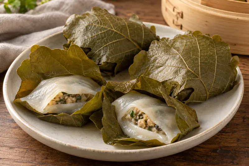 AI illustration: Leaf-wrapped steamed savoury parcels with translucent skins.