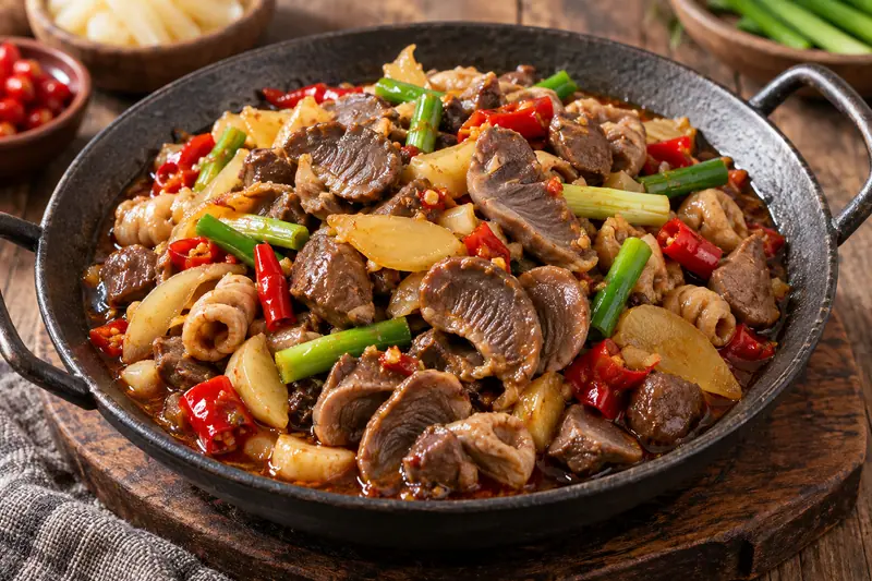 AI illustration: Chicken giblets with pickled vegetables and chilies in a hot pan.