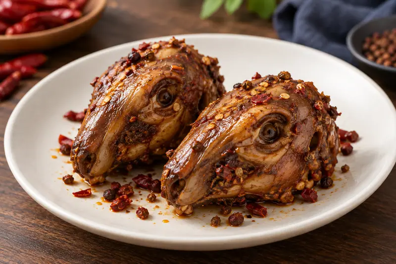 AI illustration: Cooked rabbit heads coated with chili and Sichuan-pepper seasoning.