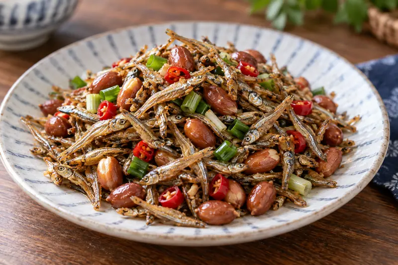 AI illustration: Tiny crisp anchovies stir-fried with roasted peanuts.