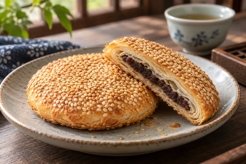 AI illustration: Broad flaky baked pastries covered with sesame seeds.
