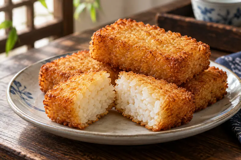AI illustration: Golden fried blocks of compressed rice.