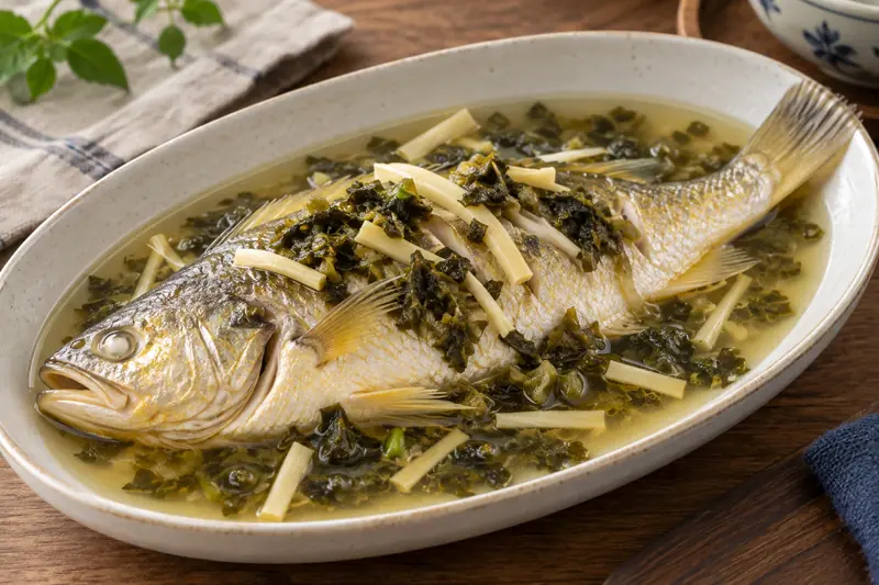 AI illustration: Yellow croaker with preserved mustard greens and bamboo shoots in light broth.