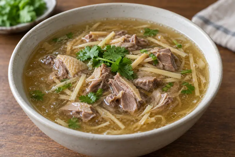 AI illustration: Chopped duck pieces in a lightly thickened savory broth.