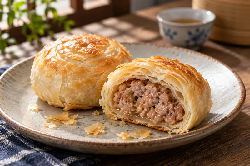 AI illustration: Flaky savoury mooncakes with a cooked pork centre.