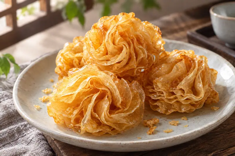 AI illustration: Paper-thin honey-glazed fried pastry flowers.