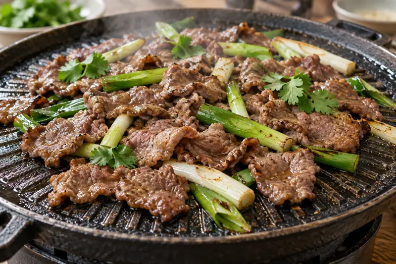AI illustration: Thin slices of beef cooking with scallions on a round iron griddle.
