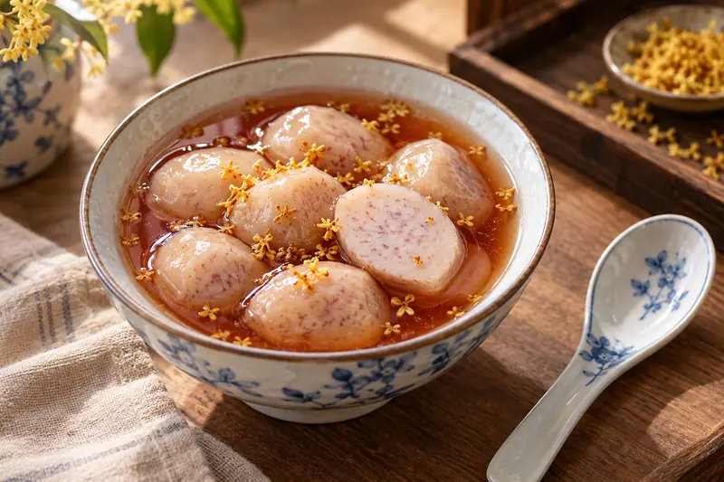AI illustration: Small tender taro corms in osmanthus syrup.