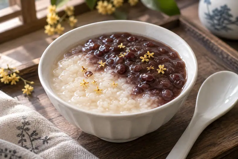 AI illustration: Sweet rice porridge with a distinct red-bean paste layer.