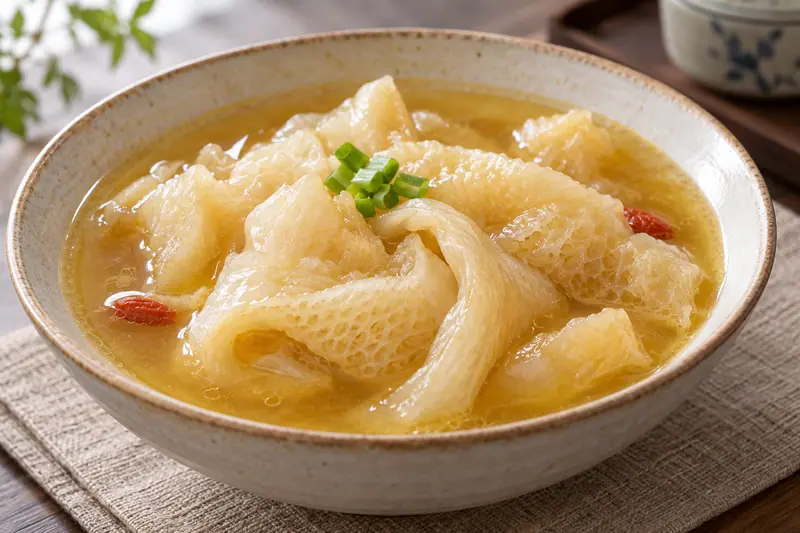 AI illustration: Soft fish-maw pieces in a rich golden-yellow broth.