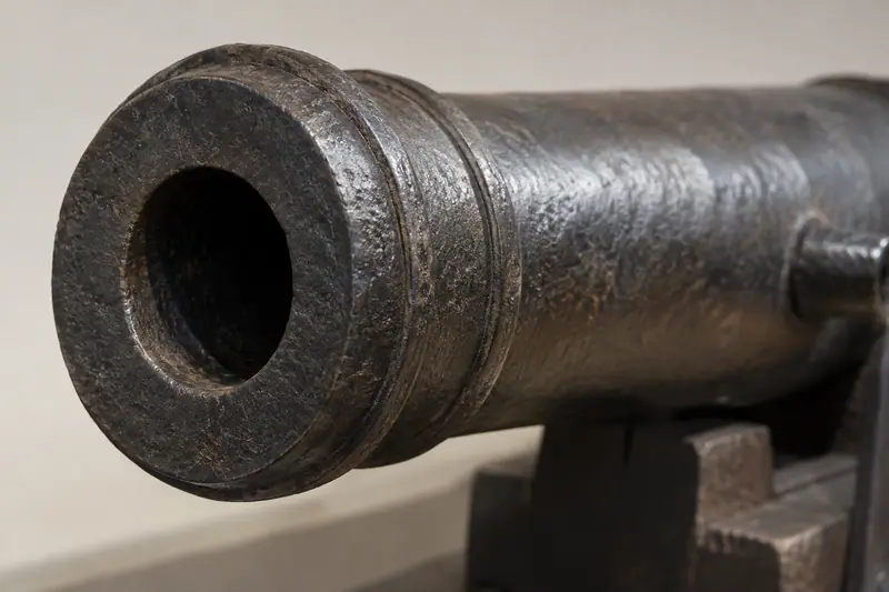 AI illustration: Historic iron cannon muzzle.