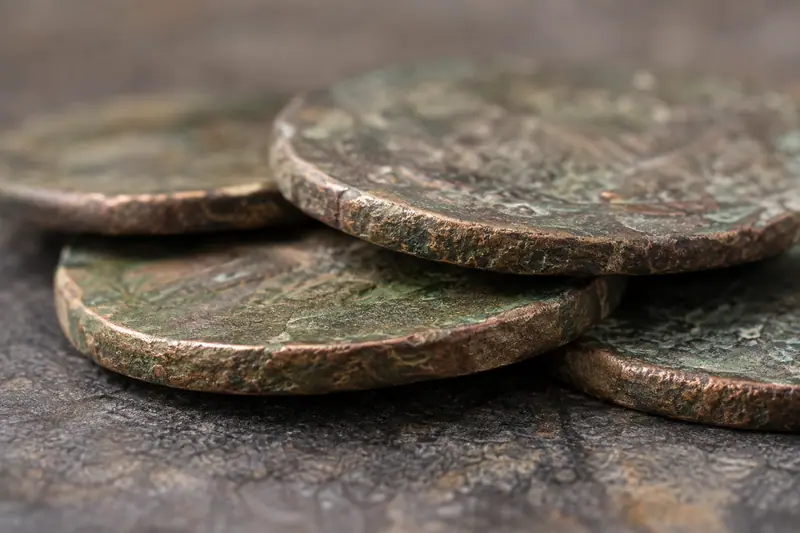 AI illustration: Old copper coin edges and patina.