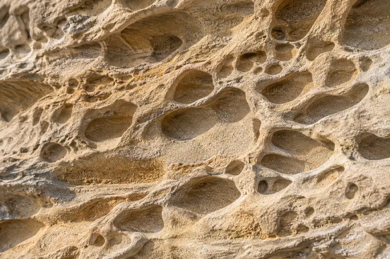 AI illustration: Honeycomb weathering in coastal sandstone.