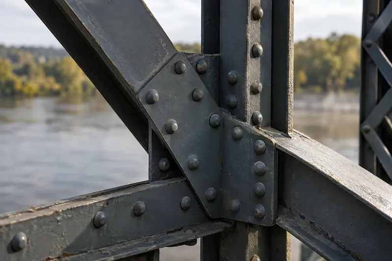 AI illustration: Steel bridge truss joint.