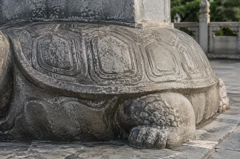AI illustration: Carved shell of a stone tortoise stele base.