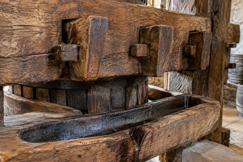 AI illustration: Traditional wooden oil-press wedge detail.