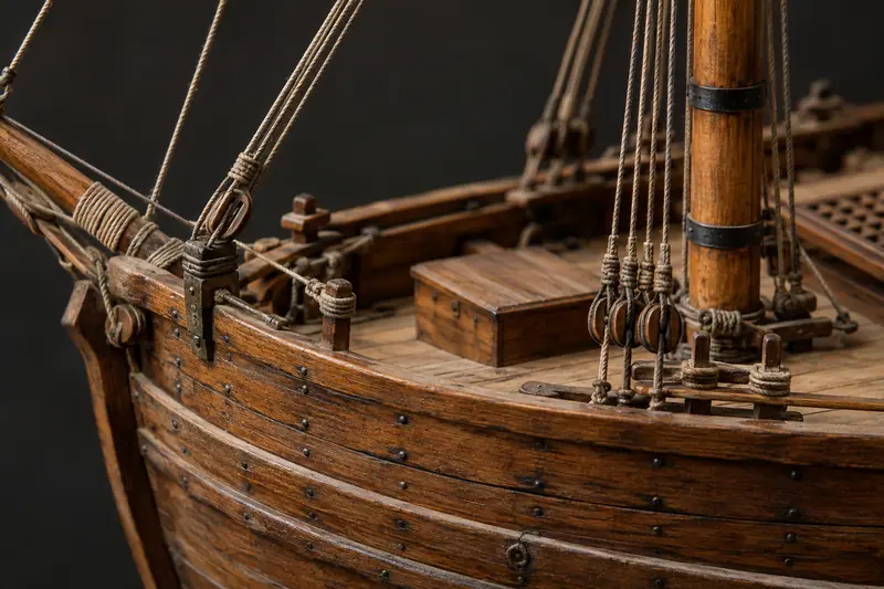 AI illustration: Wooden sailing-ship model hull and rigging.