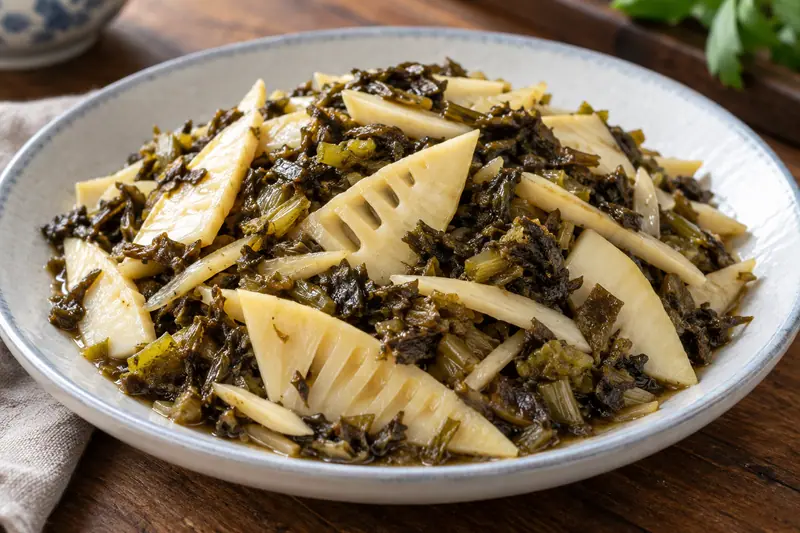 AI illustration: Spring bamboo-shoot pieces cooked with chopped fermented mustard greens.