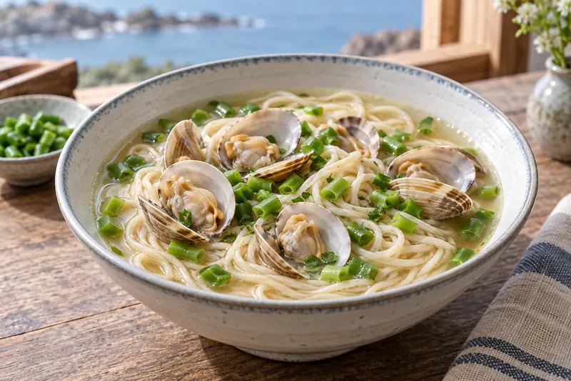 AI illustration: Wheat noodles in clam broth with chopped green beans.