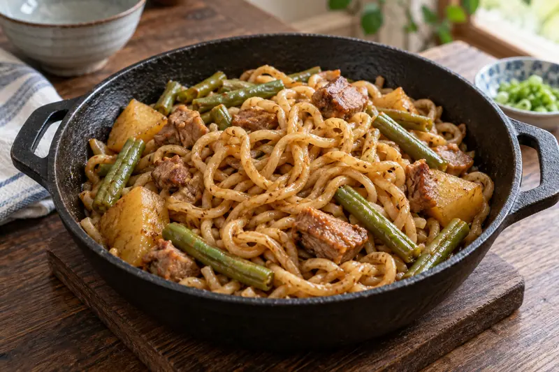 AI illustration: Wheat noodles braised with pork and green beans in an iron pan.
