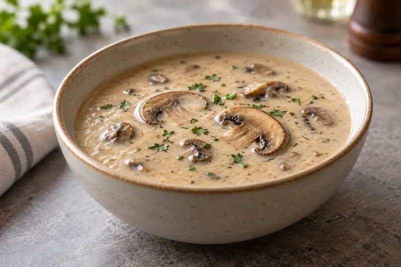 AI illustration: A bowl of smooth creamy soup with sliced mushrooms.