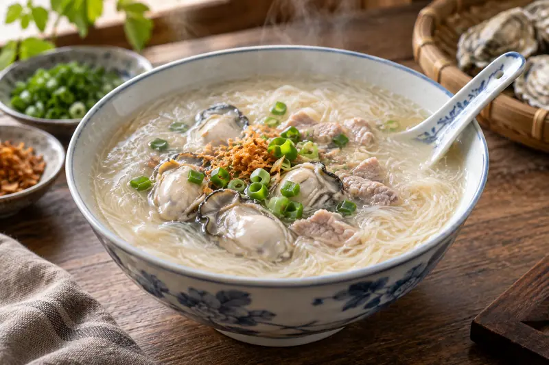 AI illustration: Very fine wheat vermicelli in a silky lightly thickened savoury soup.