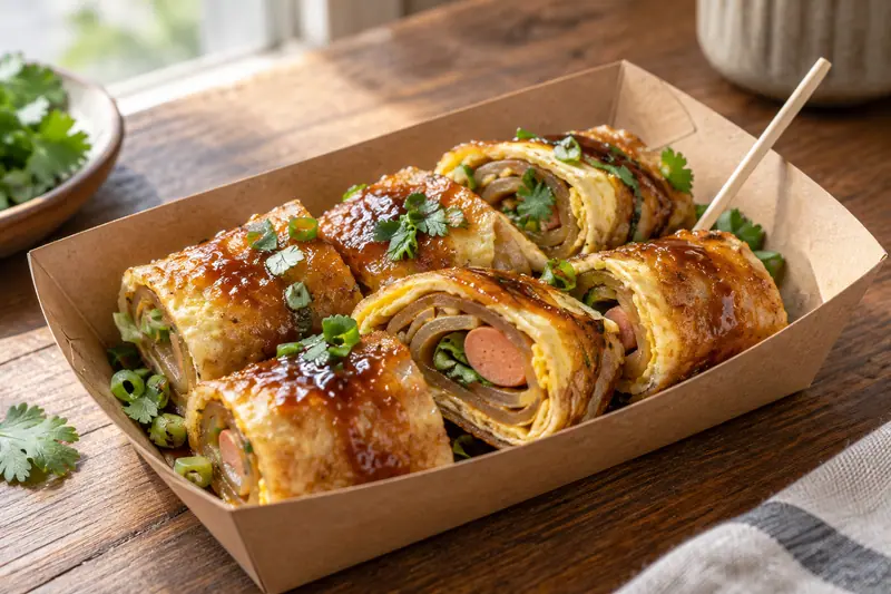 AI illustration: Griddled noodle-sheet rolls with egg and sauce.