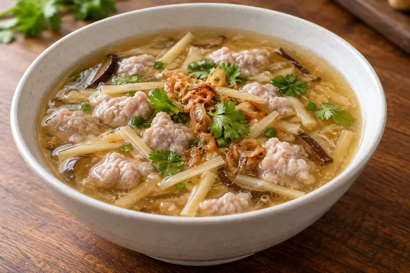 AI illustration: Small pork-and-fish-paste pellets in lightly thickened savory soup.