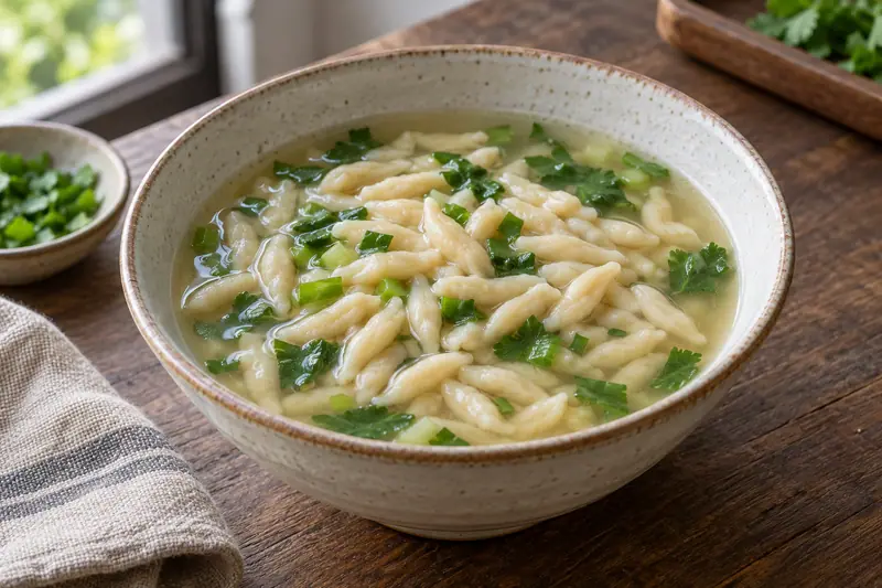AI illustration: Short tapered pressed bean-flour noodles in a light broth.