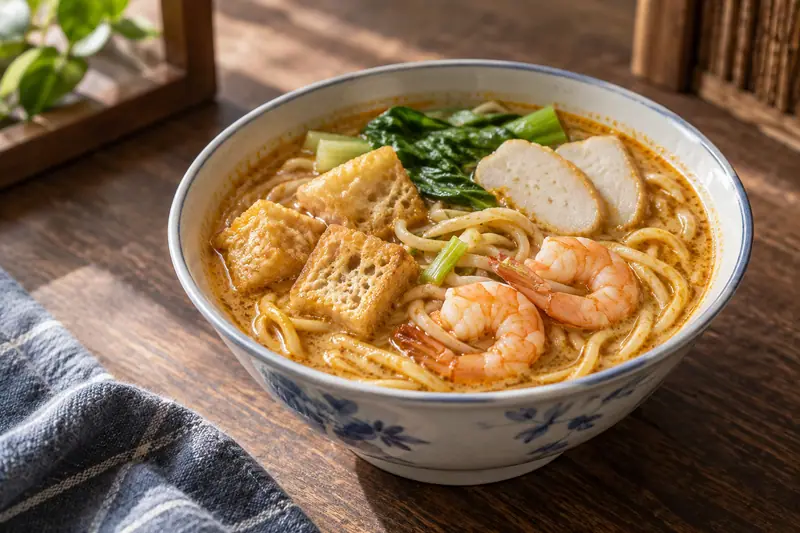 AI illustration: Noodles and selected toppings in a shacha-paste broth.
