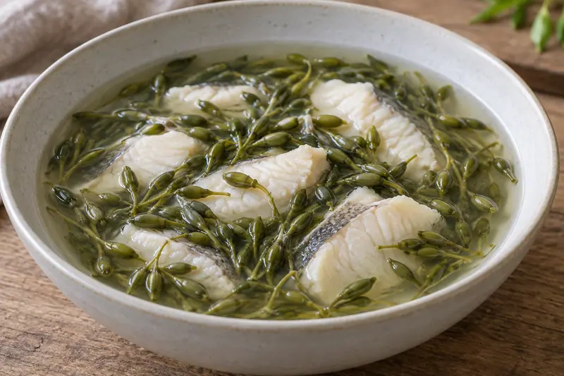 AI illustration: Tender fish slices with small water-shield leaves in light broth.