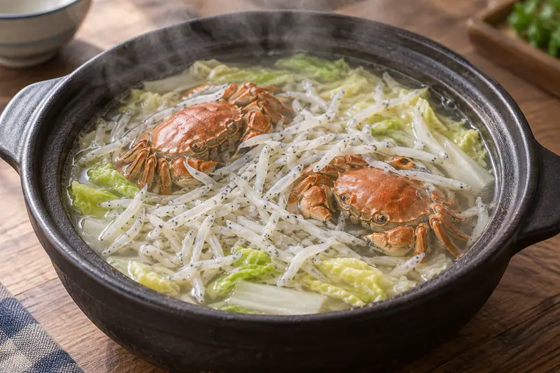 AI illustration: Tiny whitebait and small cooked crabs in a light hotpot broth.
