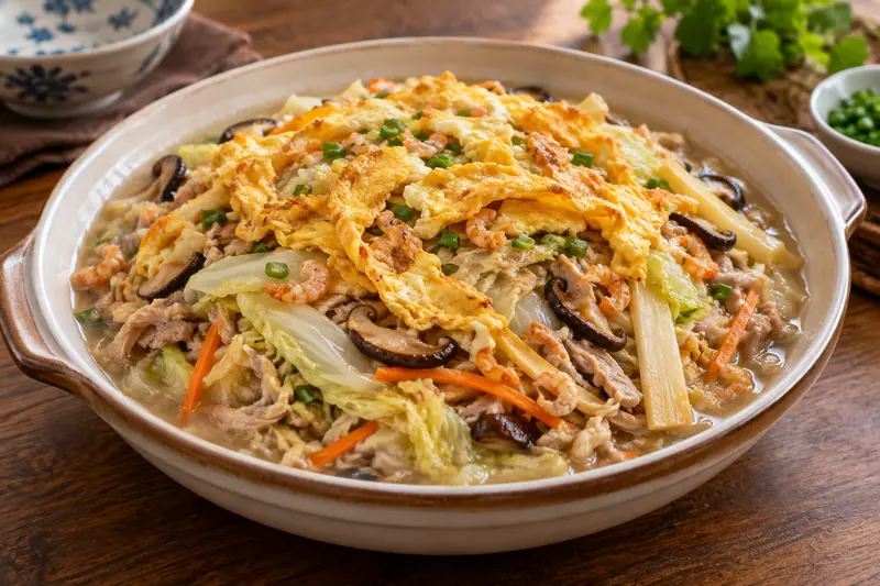 AI illustration: Layered cabbage and pork shreds with a crisp fried-egg topping.