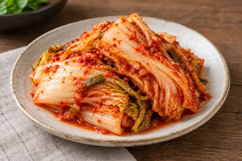 AI illustration: Fermented napa cabbage coated with red chilli seasoning.