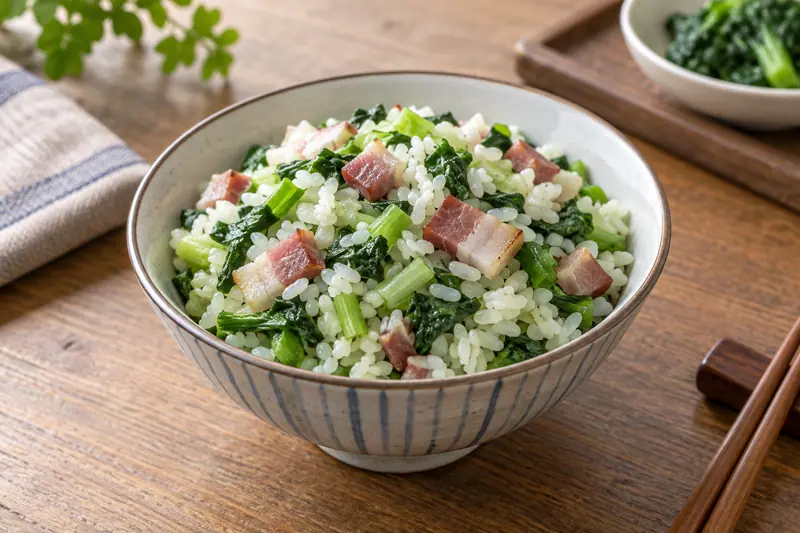 AI illustration: Rice mixed with chopped greens and cured pork.