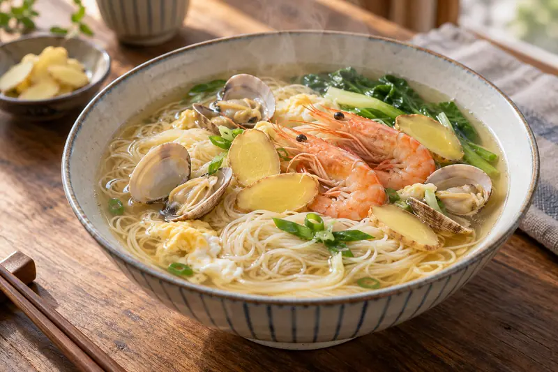 AI illustration: Fine noodles with seafood, egg and greens in ginger broth.