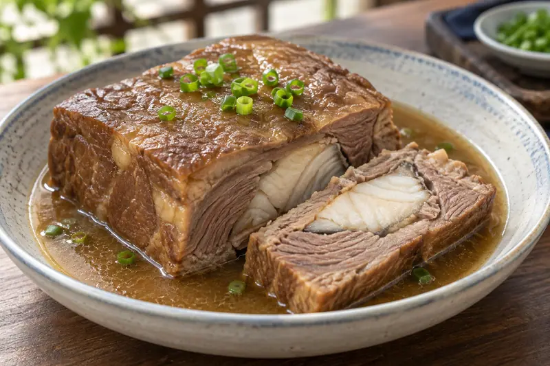 AI illustration: Slow-braised mutton with pale cooked fish visible in the centre.
