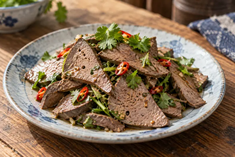 AI illustration: Thin cooked cured-liver slices with a light savory dressing.