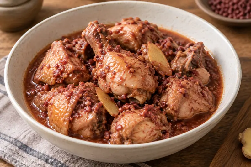 AI illustration: Bone-in chicken pieces cooked in red rice-wine lees sauce.