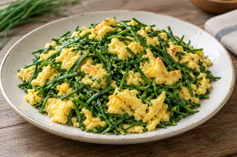 AI illustration: Soft scrambled eggs mixed with fine green sand-onion leaves.