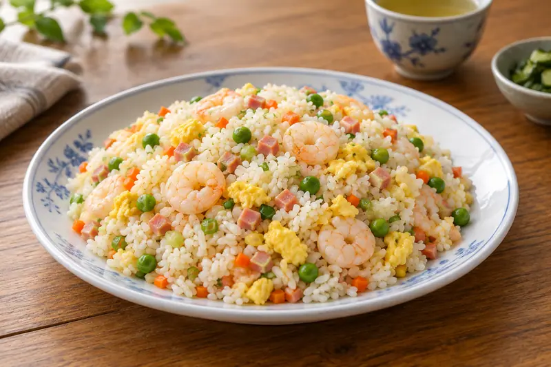 AI illustration: Egg fried rice with small diced additions and shrimp.