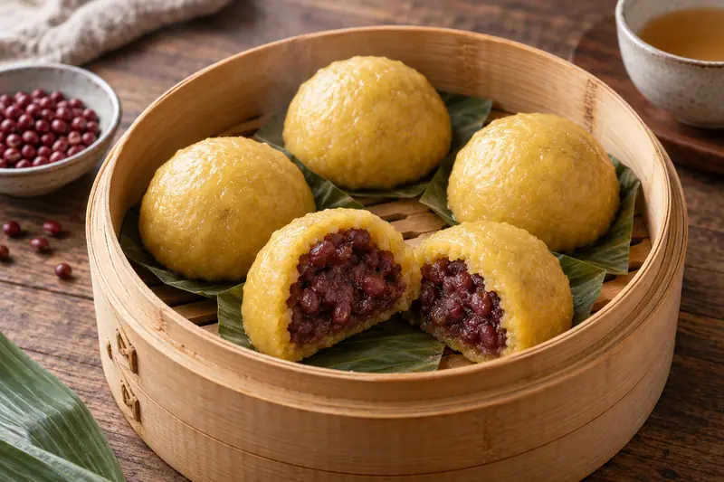 AI illustration: Compact yellow sticky-grain buns filled with cooked beans.