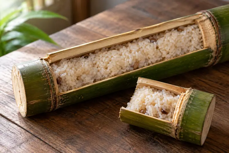 AI illustration: Cooked sticky rice served in a split fresh bamboo tube.