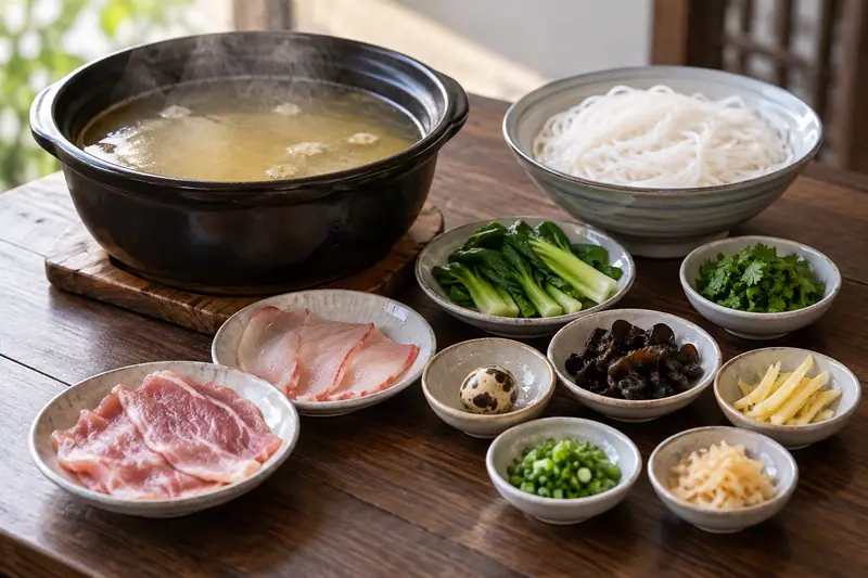 AI illustration: A natural editorial food photograph of Yunnan crossing-the-bridge rice noodles.